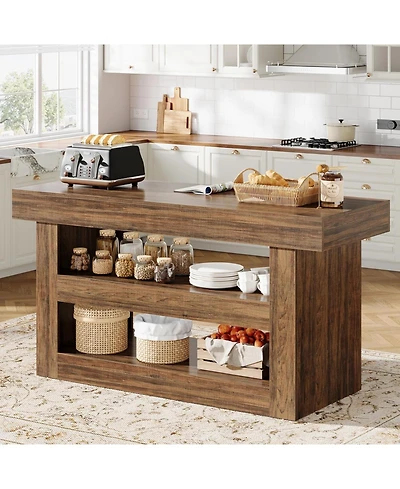 Tribesigns 55-Inch Kitchen Island with Storage, Farmhouse 3-Tier Stationary Island Table