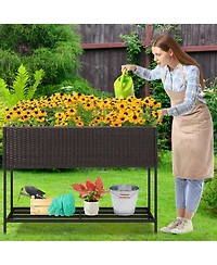 Gymax Elevated Planter Box Raised Garden Bed w/ Rattan Surface Bottom Storage Shelf & Removable Liner