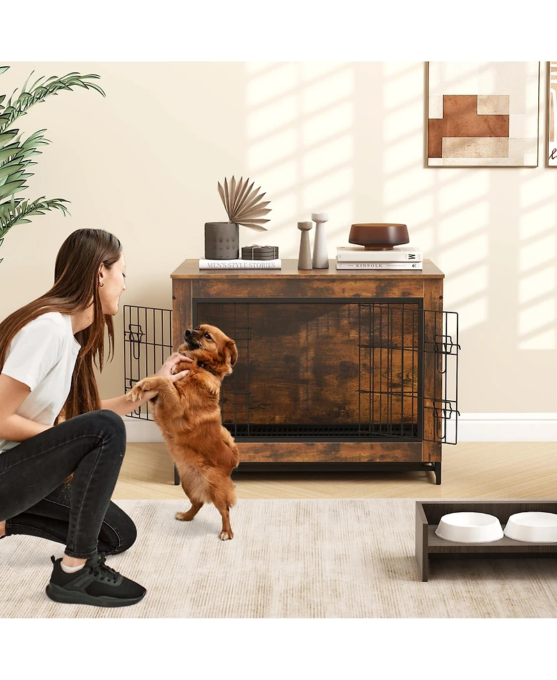Gymax Industrial Dog Crate Furniture Heavy-duty Kennel Cage w/ 3 Chew-proof Walls Large