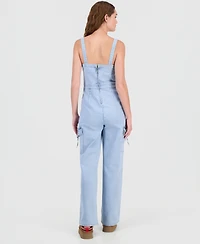 Tinseltown Juniors' Tie-Waist Denim Wide-Leg Jumpsuit
