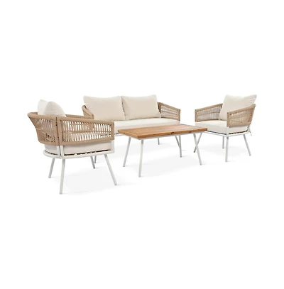 Chic Crate - 4-Piece Patio Furniture Set with Acacia Wood Table, Boho Rope Design & Cushions – Creamy Beige Outdoor Seating