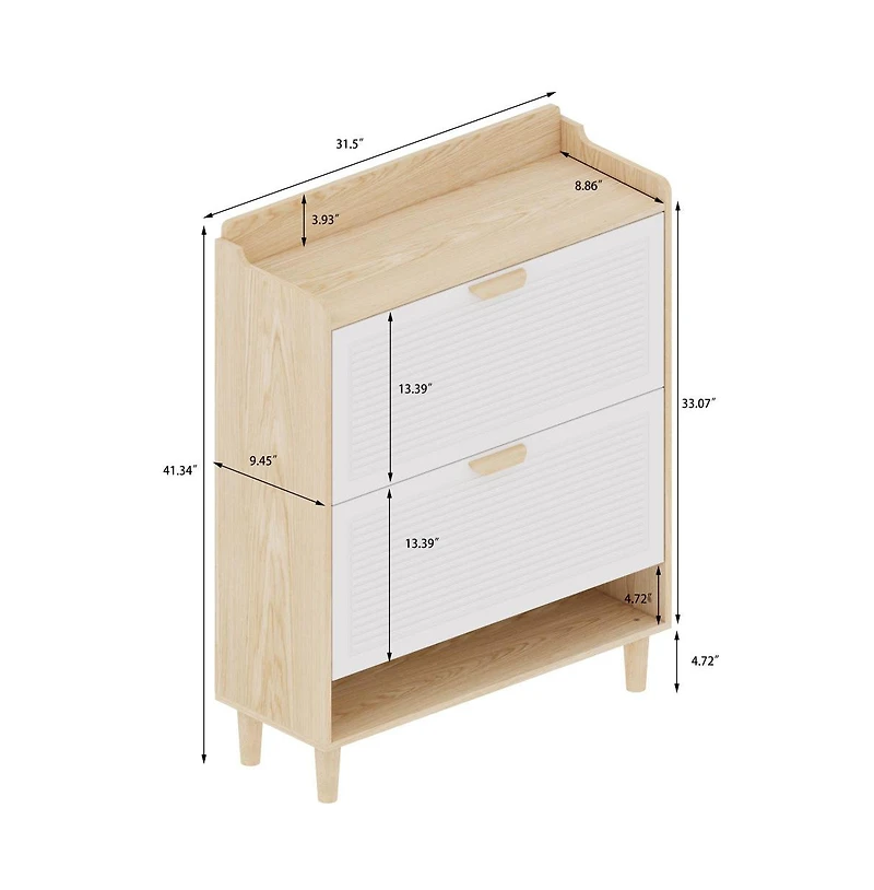 Chic Crate-31.5in Nordic Shoe Storage Cabinet 2 Flip-Drawer Organizer | Solid Wood Legs | Entryway/Narrow | White/Solid Wood