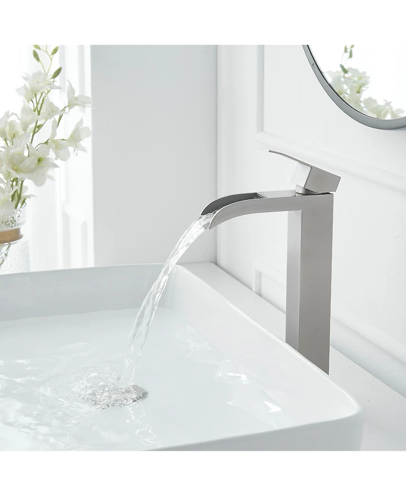 Waterfall Single Hole Single Handle Bathroom Vessel Sink Faucet With Drain Assembly in Brushed Nickel