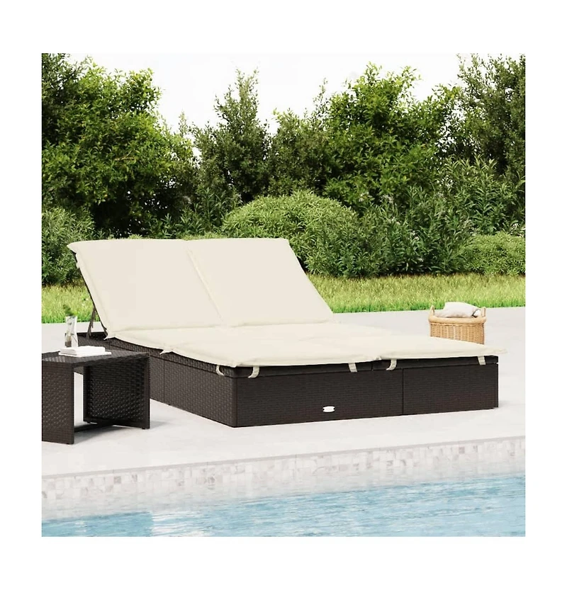 Sunbed Black Pe Rattan Double Adjustable Armrests Sunbed