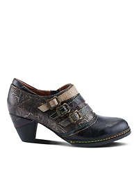 L Artiste Women s Graphic Handpainted Floral Leather Shooties with Antique Buckle and Stacked Heel