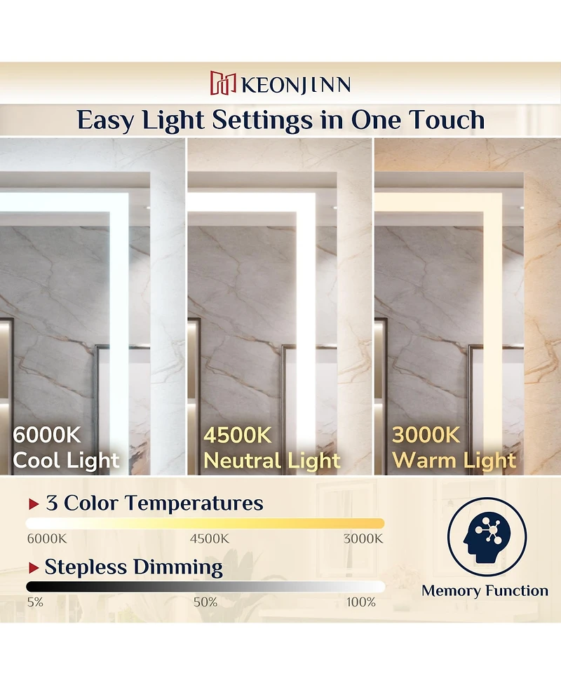 keonjinn Inch Led Bathroom Vanity Mirror Tempered Glass Front & Backlit Dimmable 3 Color Lighted Mirror Anti-fog Memory Function Frameless