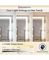 keonjinn Inch Led Bathroom Vanity Mirror Tempered Glass Front & Backlit Dimmable 3 Color Lighted Mirror Anti-fog Memory Function Frameless