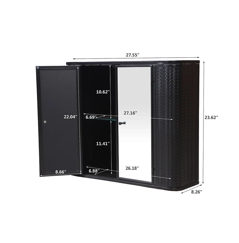 Chic Crate Black Wall-Mounted Vanity 2 Mirrored Doors & Open Shelf | Farmhouse Metal Frame | Over-the-Sink