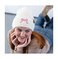 Women's Embroidered Bow Beanie - White
