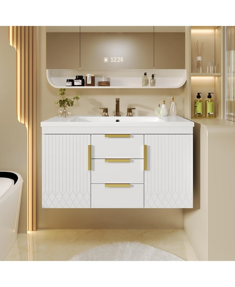 Lovmor 36inch Wall Mounted Bathroom Vanity Floating Bathroom Storage Cabinet with 2 Drawers Solid Wood Bathroom Cabinet Same as N710S236003K