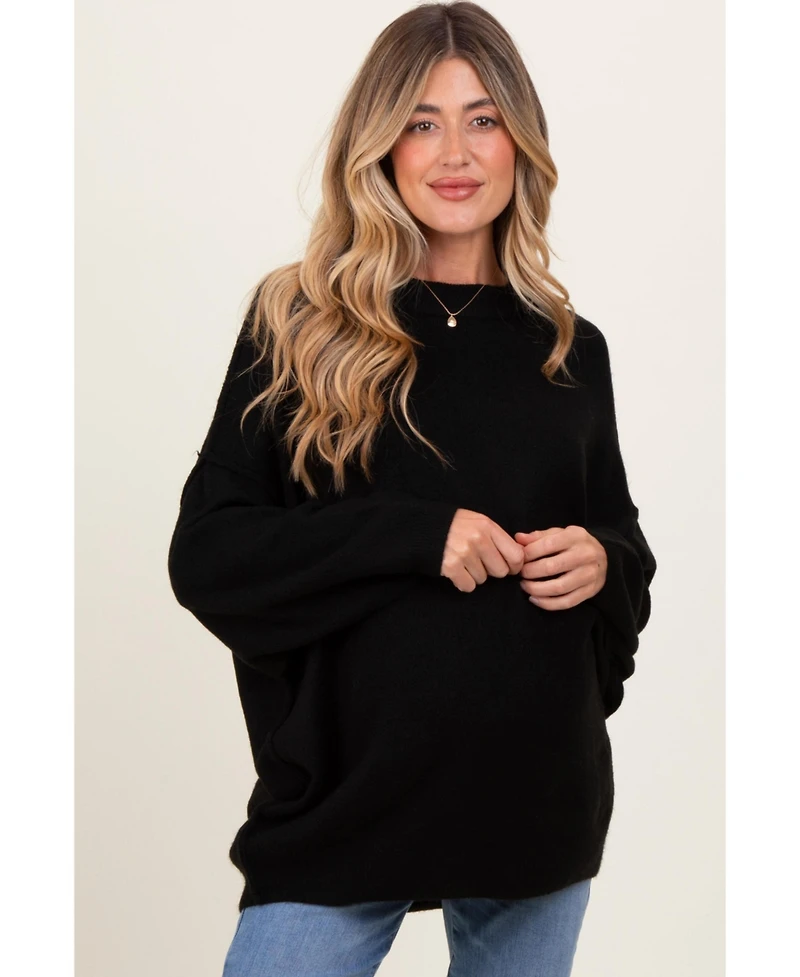 Pinkblush Maternity Black Oversized Crewneck Melange Knit Sweater