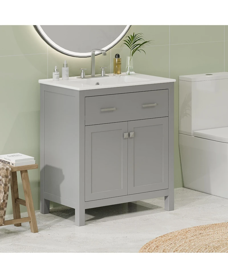 Lovmor 30inch Bathroom Vanity with Ceramic Sink Modern Gray Single Bathroom Cabinet with 2 Doors and a Shelf Soft Close Doors