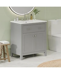 Lovmor 30inch Bathroom Vanity with Ceramic Sink Modern Gray Single Bathroom Cabinet with 2 Doors and a Shelf Soft Close Doors