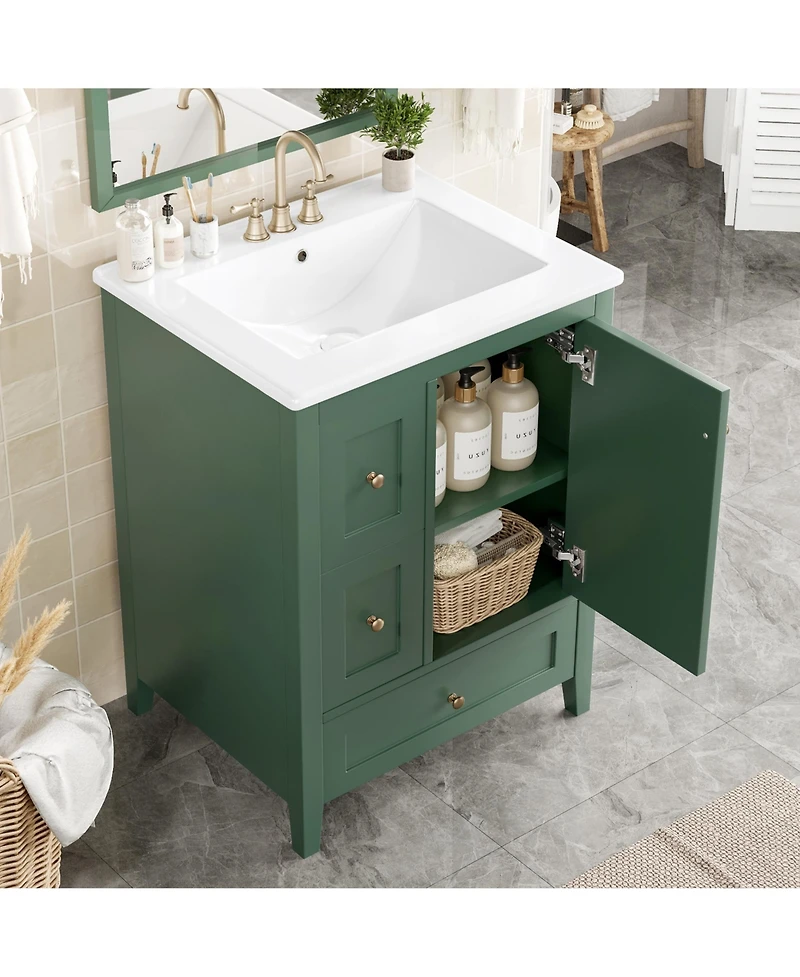 Lovmor Bathroom Vanity with Storage Adjustable Shelf Mdf Rubberwood Removable Dividers Dark Green Finish