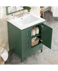 Lovmor Bathroom Vanity with Storage Adjustable Shelf Mdf Rubberwood Removable Dividers Dark Green Finish