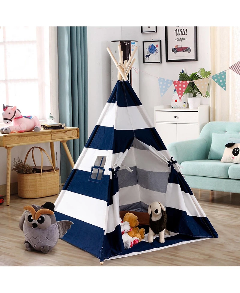 Mecale Indian Play Tent 5' Cotton Canvas Children Playhouse with Carry Bag Kids Teepee (Blue & White Stripe)