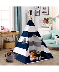 Mecale Indian Play Tent 5' Cotton Canvas Children Playhouse with Carry Bag Kids Teepee (Blue & White Stripe)