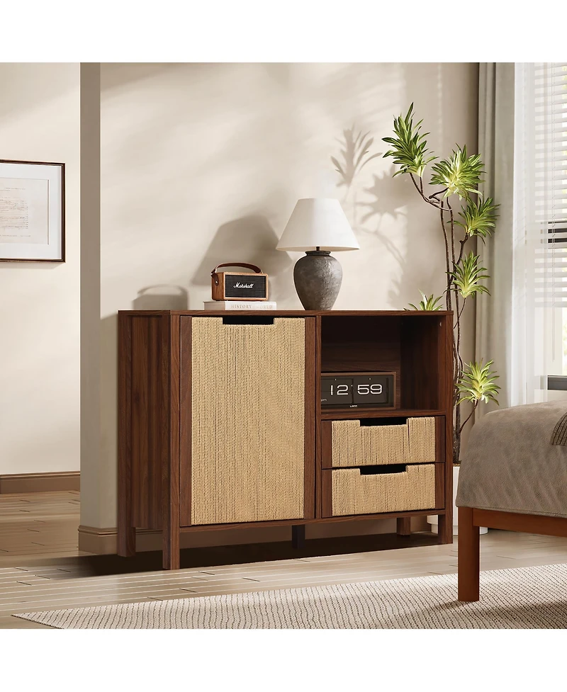 LuxenHome Walnut Finish Storage Cabinet with Rope Drawer Front, 1 Door, 2 Drawers, Mdf Wood