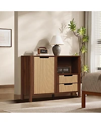 LuxenHome Walnut Finish Storage Cabinet with Rope Drawer Front, 1 Door, 2 Drawers, Mdf Wood