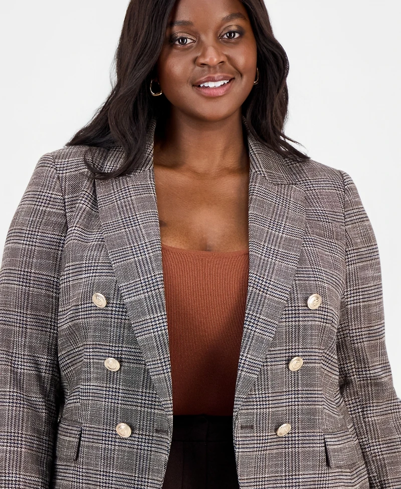 Tahari Asl Plus Plaid Peak Lapel Double-Breasted Blazer