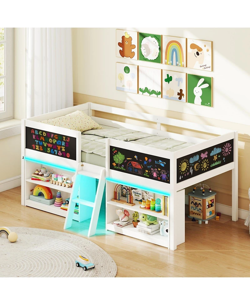 Gymax Low Loft Bed Twin Wooden Frame Kid's Cabin w/ Bookcases