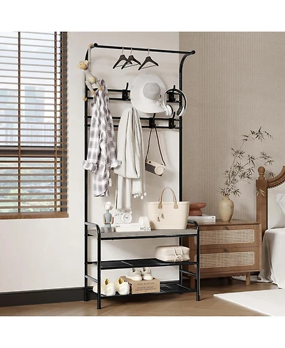 gaomon Hall Tree Shoe Bench, 4-in-1 Entryway Storage Bench with 8 Sturdy Hooks, Freestanding Coat Rack for Small Spaces, Apartments, Bedroom, RusticGr