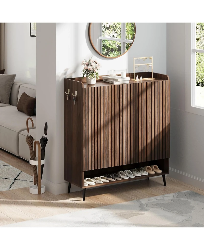 Shoe Cabinet，Large Shoe Cabinet with 3 Doors,Adjustable Shelves, Shoe Organizer with Doors for Hallway, Entryway, Living Room,Nut-Brown