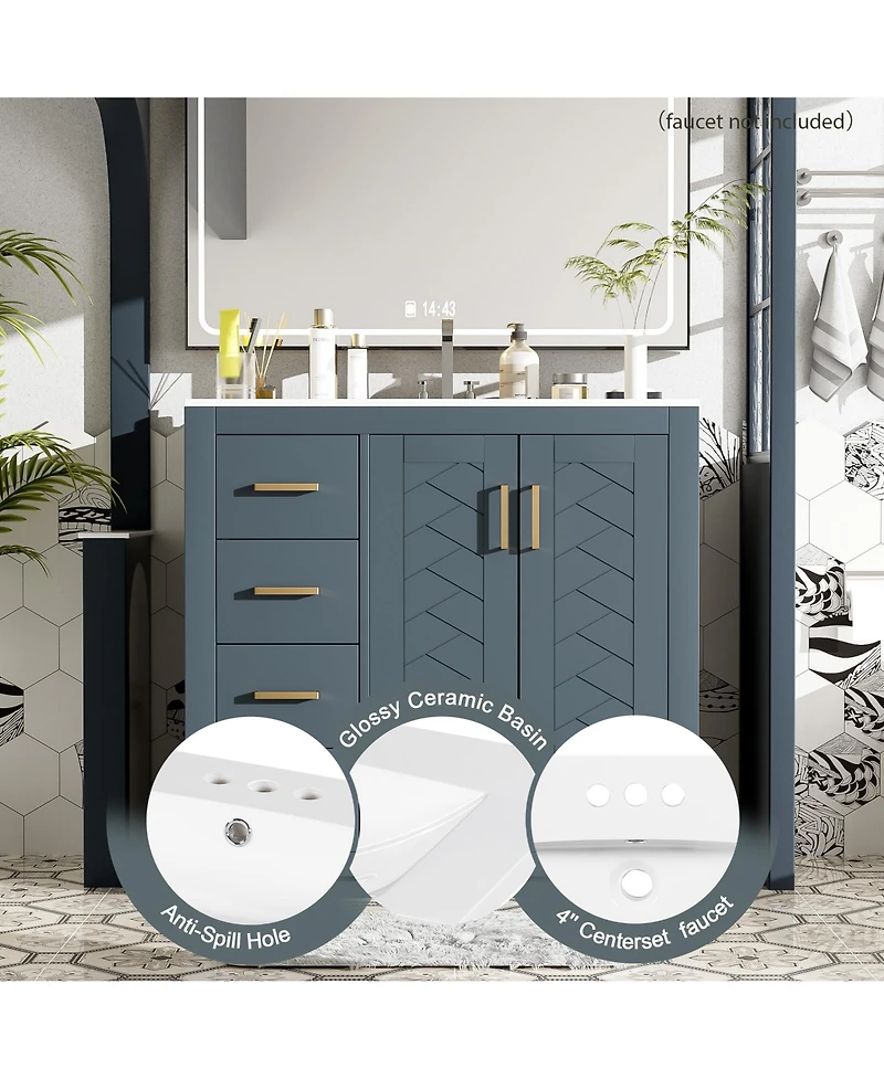Lovmor 36inch Bathroom Vanity with Ceramic Sink Combo Solid Wood Frame Bathroom Storage Cabinet Freestanding Vanity Set with 3 Drawers Soft Closing Do