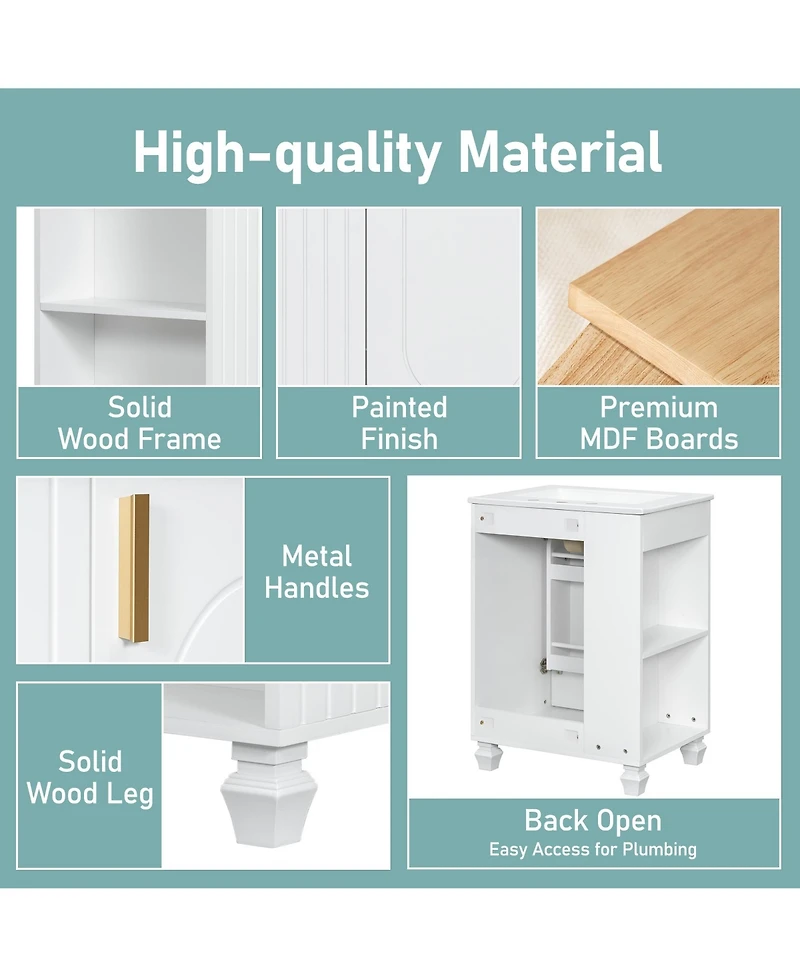 Lovmor 24inch Bathroom Vanity with Sink Bathroom Cabinet with Door Shelf Side Open Storage Solid Wood Frame Soft Closing Door White
