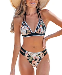 Cupshe Women's Boho Shell Stitch Halter Bikini Top & Cheeky Bottoms Set