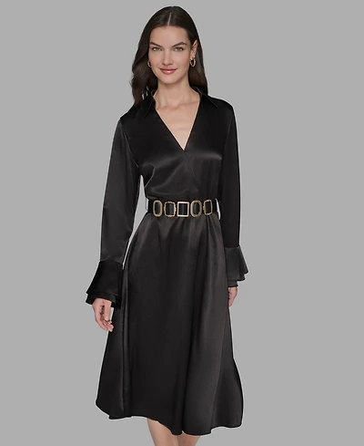 Karl Lagerfeld Paris Women's Crinkle Long Sleeves Midi Dress