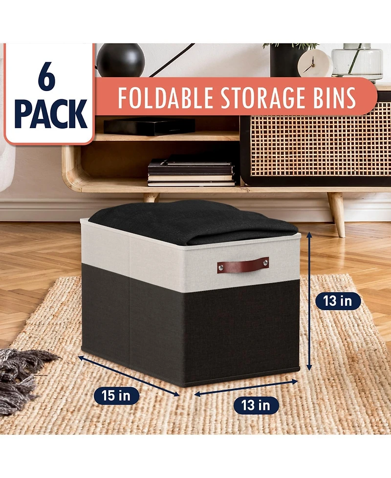 Ornavo Home 6 Pack Linen Fabric Kallax Storage Cube Bin with Faux Leather Handles