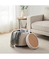 Ornavo Home Lawrence Round Boucle White Storage Ottoman with Table Top Lid