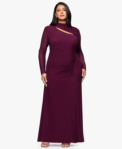 Betsy & Adam Plus Long-Sleeve Asymmetrical Neck Ballgown