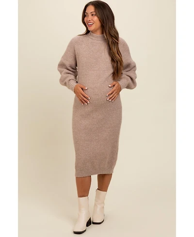 Pinkblush Maternity Beige Mock Neck Bubble Sleeve Midi Sweater Dress