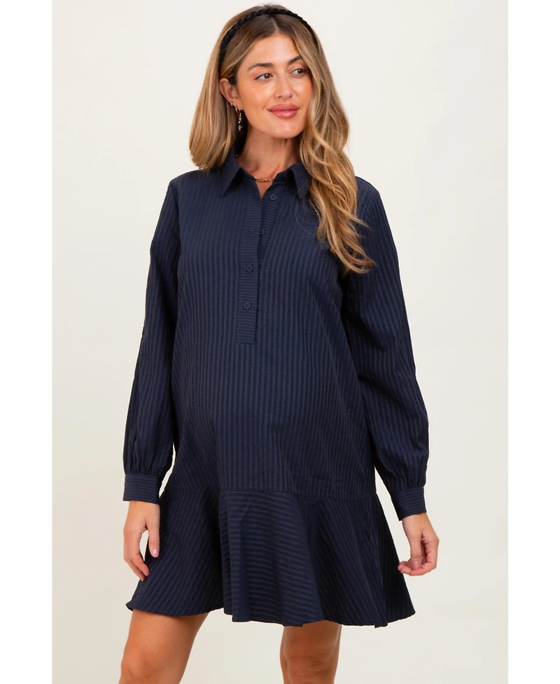 Pinkblush Maternity Navy Striped Long Sleeve Drop Waist Polo Dress