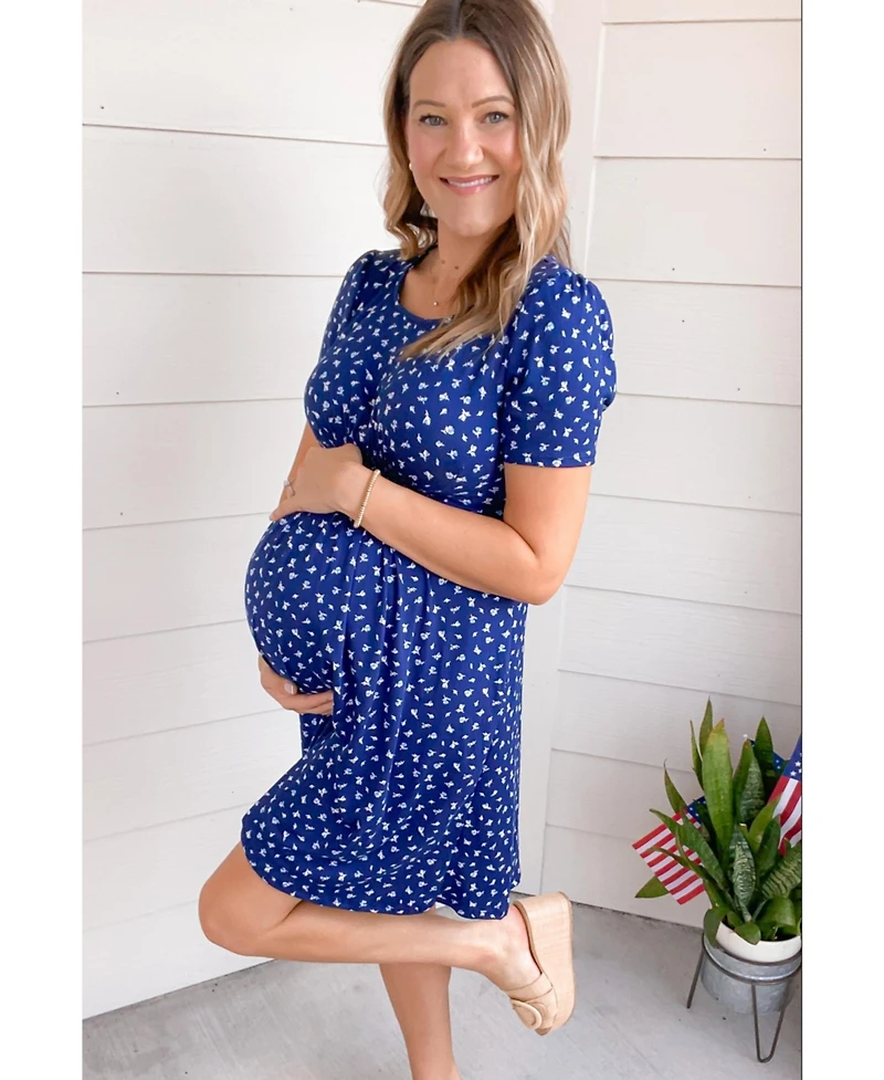 Pinkblush Maternity Navy Floral Smocked Short Sleeve Dress