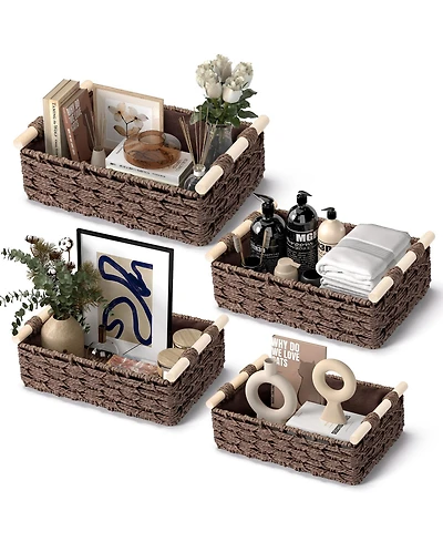 Woven Storage Baskets with Wooden Handles, Set of 4