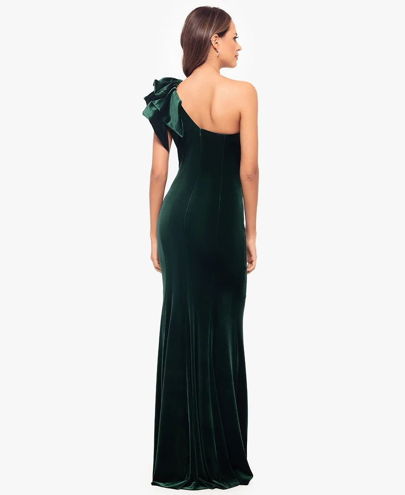 Betsy & Adam Women's Asymmetric Ruffled Sleeveless Velvet Gown