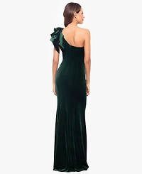 Betsy & Adam Women's Asymmetric Ruffled Sleeveless Velvet Gown