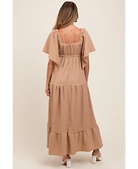 Pinkblush Light Blue Woven Textured Flutter Sleeve V-Neck Tiered Maternity Maxi Dress