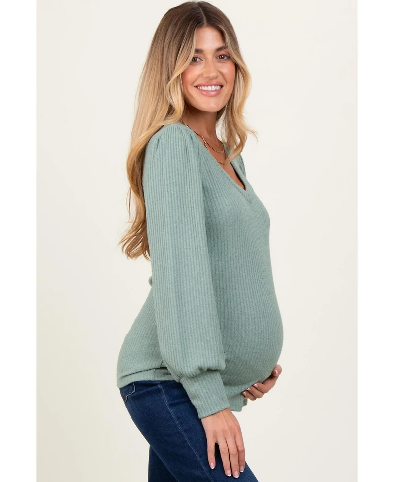 Pinkblush Maternity Light Olive Ribbed Knit V-Neck Button Cuff Top