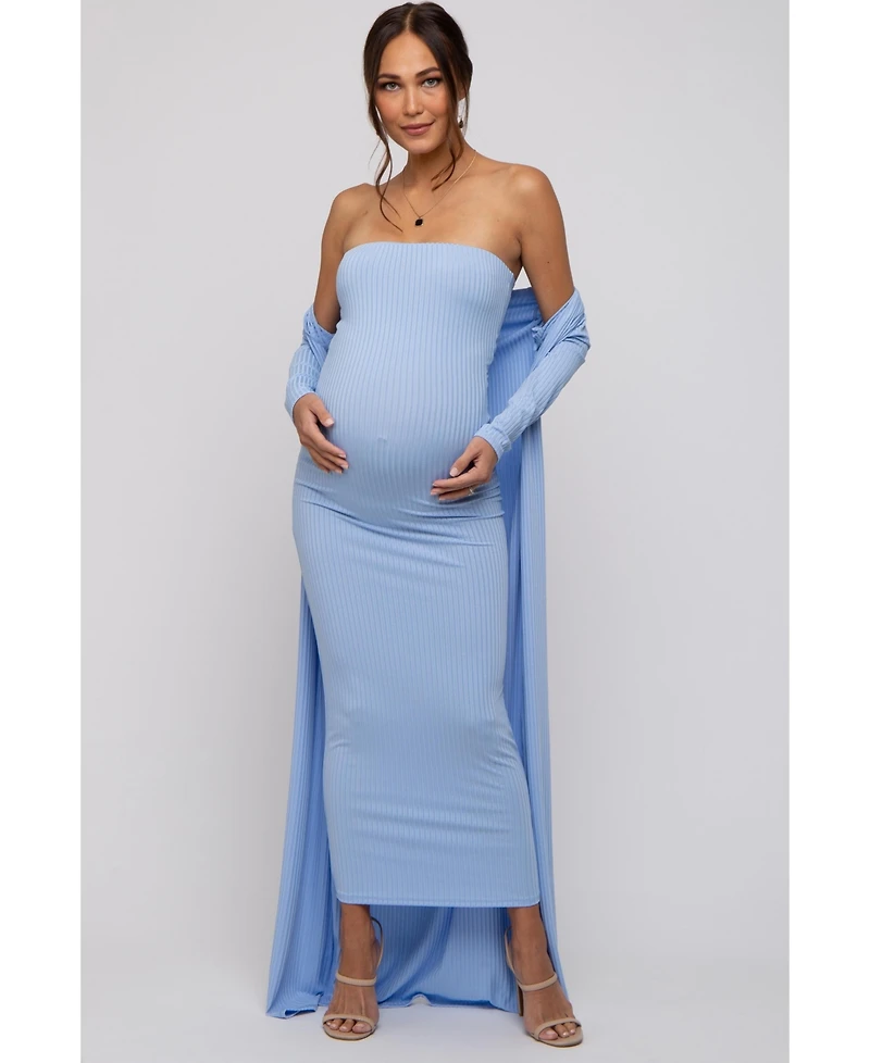 Pinkblush Maternity Light Blue Ribbed Sleeveless Dress Cardigan Set