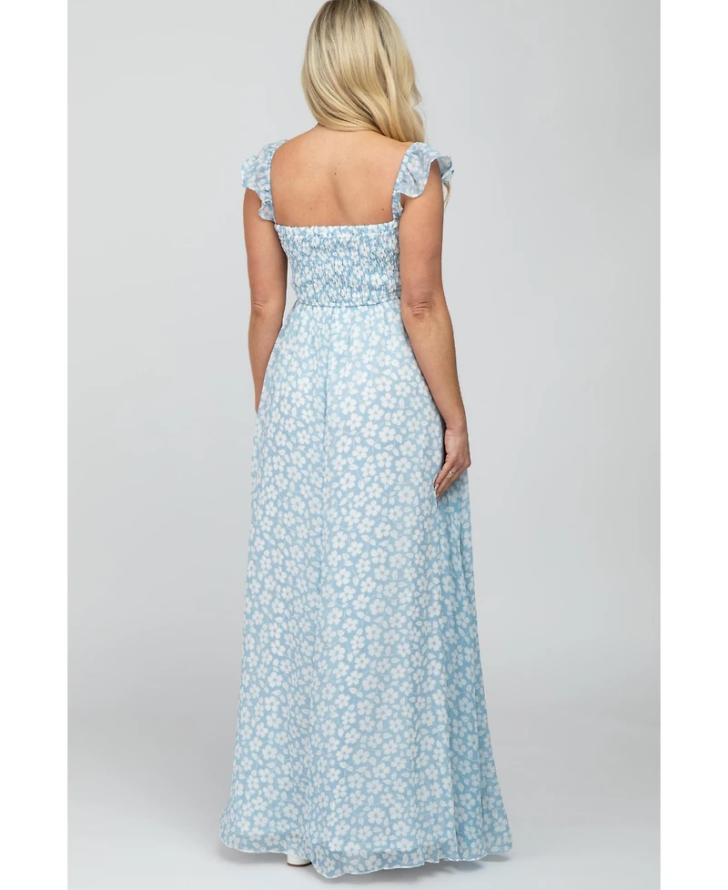Pinkblush Maternity Light Blue Floral Chiffon Sweetheart Neck Off Shoulder Maxi Dress