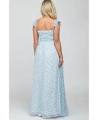 Pinkblush Maternity Light Blue Floral Chiffon Sweetheart Neck Off Shoulder Maxi Dress