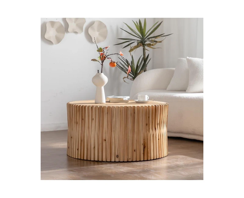Casainc 31.5" Cylindrical Coffee Table with Vertical Texture Relief Design
