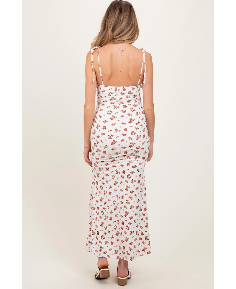 Pinkblush Red Ribbed Floral Shoulder Tie Maternity Maxi Dress
