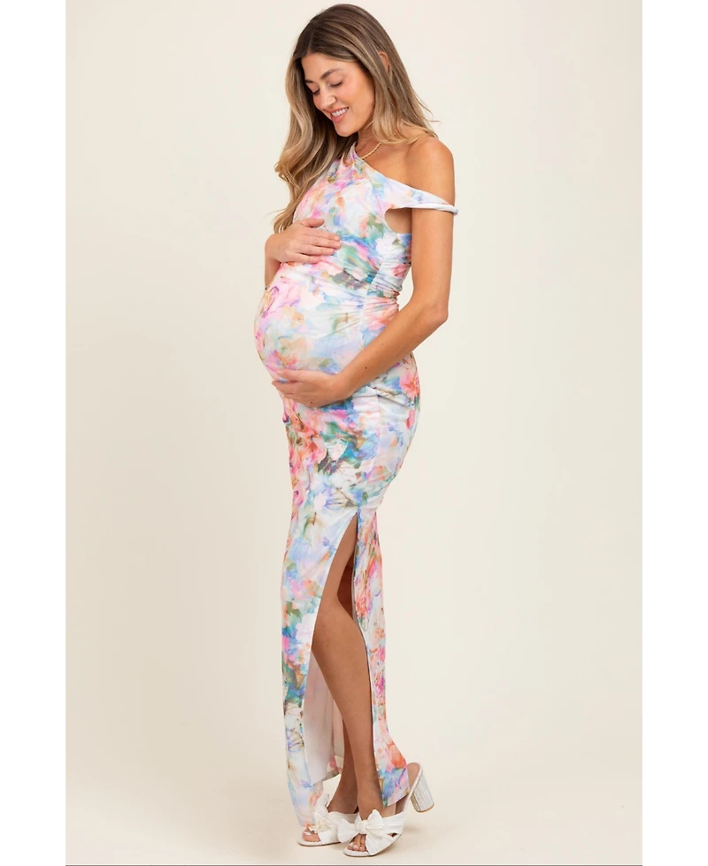 Pinkblush Floral One Shoulder Side Slit Maternity Maxi Dress