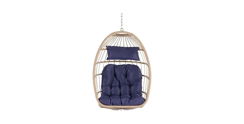 Flynama 55 Inch Outdoor Rattan Egg Swing Chair with Stand and Beige Cushion