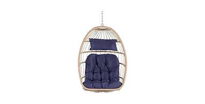 Flynama 55 Inch Outdoor Rattan Egg Swing Chair with Stand and Beige Cushion
